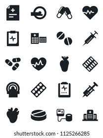 Set of vector isolated black icon - heart pulse vector, diagnosis, syringe, blood pressure, pills, blister, tomography, real, clipboard, hospital