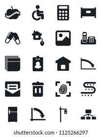 Set of vector isolated black icon - fence vector, crisis graph, garden light, drip irrigation, pills, disabled, diet, gallery, mail, calculator, office phone, blank box, smart home, control, fridge