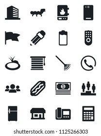 Set of vector isolated black icon - office building vector, pedestal, rake, caterpillar, pond, store, cash, battery, phone back, pencil, hot dog, remote control, water heater, intercome, jalousie