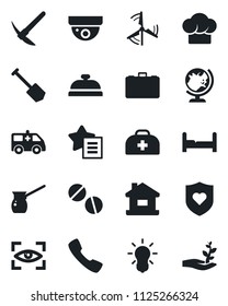 Set of vector isolated black icon - globe vector, case, job, doctor, pills, ambulance car, heart shield, favorites list, call, house, windmill, bedroom, cook hat, reception, turkish coffee, bulb