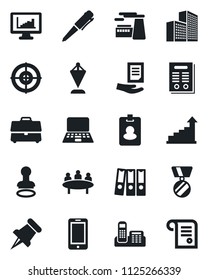 Set of vector isolated black icon - stamp vector, mobile phone, growth statistic, pennant, medal, pen, notebook pc, document, meeting, factory, paper pin, case, monitor statistics, office building