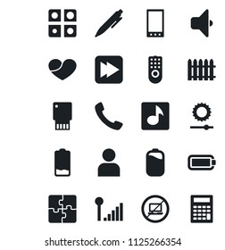 Set of vector isolated black icon - no laptop vector, pen, fence, heart, low battery, fast forward, mobile, call, user, brightness, music, cellular signal, application, remote control, sound