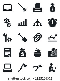 Set of vector isolated black icon - alarm clock vector, money bag, job, rake, pruner, axe, root setup, paper clip, office building, bar graph, point, tray, notebook pc, copier, hierarchy, contract