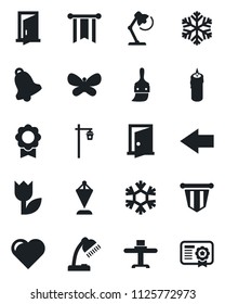 Set of vector isolated black icon - left arrow vector, pennant, butterfly, garden light, heart, tulip, themes, bell, sertificate, desk lamp, restaurant table, candle, snowflake, door, pennon