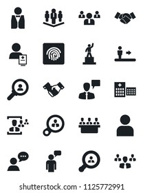 Set of vector isolated black icon - escalator vector, handshake, speaking man, pedestal, team, hospital, patient, speaker, user, fingerprint id, hr, meeting, company, client search, waiter, consumer