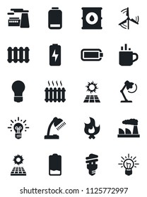 Set of vector isolated black icon - hot cup vector, bulb, factory, fire, oil barrel, low battery, charge, desk lamp, sun panel, windmill, heater, radiator, energy saving, idea