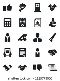 Set of vector isolated black icon - ladder car vector, medical room, handshake, document, saw, client, finger up, down, contract, estate, waiter, remote control, combination lock