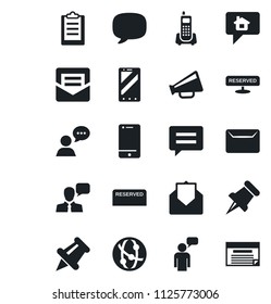 Set of vector isolated black icon - mobile phone vector, speaking man, office, loudspeaker, network, cell, speaker, paper pin, mail, message, clipboard, reserved, home, schedule