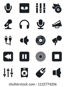 Set of vector isolated black icon - vinyl vector, flame disk, microphone, speaker, loudspeaker, settings, headphones, pause button, stop, rewind, rca, tuning, record, sound