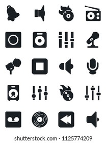 Set of vector isolated black icon - vinyl vector, flame disk, microphone, radio, speaker, settings, stop button, rewind, tuning, bell, record, sound