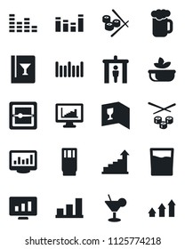 Set of vector isolated black icon - security gate vector, growth statistic, monitor, barcode, equalizer, scanner, statistics, bar graph, wine card, drink, cocktail, beer, salad, sushi, arrow up