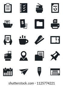 Set of vector isolated black icon - coffee vector, document, drawing pin, calendar, reload, printer, plant label, folder, clipboard, checklist, copier, stapler, plan, restaurant receipt, paper plane