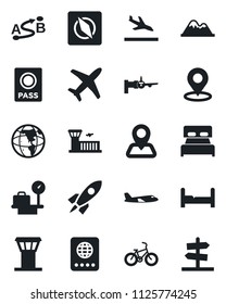 Set of vector isolated black icon - airport tower vector, arrival, passport, boarding, plane, luggage scales, building, bike, navigation, route, place tag, compass, mountains, bedroom, rocket, earth