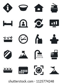 Set of vector isolated black icon - no smoking vector, baby room, reception, shower, statistic monitor, seedling, term, shield, update, copier, house, bedroom, bowl, eye scan, information