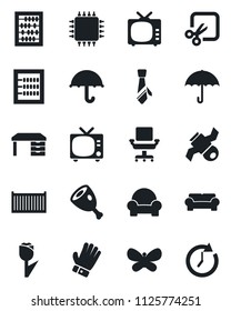 Set of vector isolated black icon - tv vector, abacus, desk, glove, butterfly, satellite, cargo container, umbrella, tulip, cut, office chair, tie, cushioned furniture, ham, chip, clock