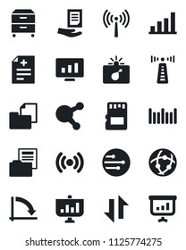Set of vector isolated black icon - antenna vector, bomb in case, crisis graph, document, statistic monitor, diagnosis, folder, barcode, share, sd, network, data exchange, bar, archive box, wireless