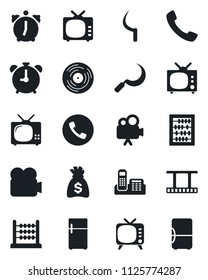 Set of vector isolated black icon - alarm clock vector, phone, abacus, money bag, sickle, film frame, vinyl, tv, video camera, call, office, fridge
