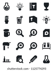 Set of vector isolated black icon - blood test vial vector, thermometer, fragile, search cargo, document, water supply, estate, client, alcohol, wine card, phyto bar, beer, energy saving bulb, money