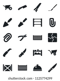Set of vector isolated black icon - trowel vector, wheelbarrow, pruner, saw, garden knife, scalpel, cargo container, rack, application, paper clip, dish