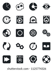 Set of vector isolated black icon - ticket office vector, washer, gear, circle chart, stamp, fast forward, update, record, eye id, pie graph, target, omelette, clock, crisis management