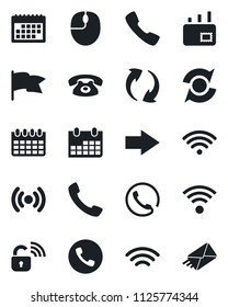 Set of vector isolated black icon - phone vector, right arrow, mouse, calendar, call, update, wireless, mail, lock, flag