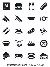 Set of vector isolated black icon - spoon and fork vector, cafe, menu, plates, bacon, waiter, bread, chicken, steak, kebab, hamburger, bowl, rolling pin, sushi, cheese