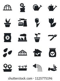 Set of vector isolated black icon - factory vector, seedling, watering can, pruner, greenhouse, seeds, fertilizer, tulip, flower in pot, eco house, palm sproute