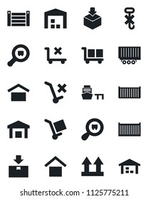 Set of vector isolated black icon - truck trailer vector, cargo container, sea port, warehouse storage, up side sign, no trolley, hook, package, search