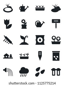 Set of vector isolated black icon - watering can vector, sproute, seedling, rain, plant label, seeds, pond, tulip, oil barrel, house with tree, flower in pot, rolling pin, water filter