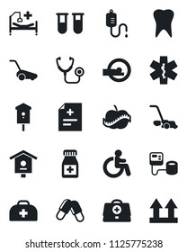 Set of vector isolated black icon - disabled vector, lawn mower, bird house, doctor case, diagnosis, stethoscope, blood pressure, test vial, dropper, pills, bottle, tomography, ambulance star, tooth