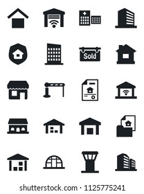 Set of vector isolated black icon - airport tower vector, barrier, office building, house, greenhouse, hospital, warehouse storage, estate document, sold signboard, city, insurance, cafe, storefront