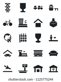 Set of vector isolated black icon - arrival vector, escalator, waiting area, baggage larry, seat map, plane globe, airport building, bike, railroad, traffic light, sea port, fragile, package, garage