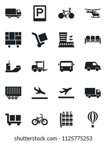 Set of vector isolated black icon - departure vector, arrival, airport bus, parking, waiting area, fork loader, helicopter, seat map, building, bike, sea shipping, truck trailer, car delivery