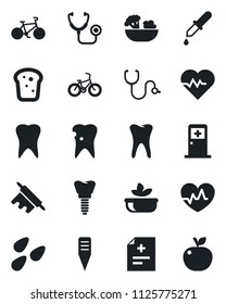 Set of vector isolated black icon - medical room vector, plant label, seeds, heart pulse, diagnosis, stethoscope, dropper, bike, tooth, caries, implant, salad, bread, rolling pin, apple fruit