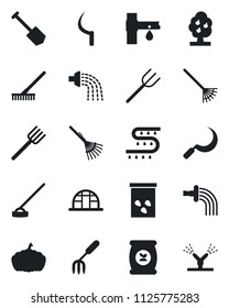 Set of vector isolated black icon - job vector, garden fork, farm, rake, watering, hoe, sickle, pumpkin, greenhouse, seeds, fertilizer, drip irrigation, fruit tree