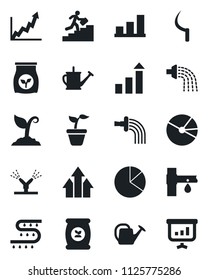 Set of vector isolated black icon - growth statistic vector, seedling, watering can, sproute, sickle, fertilizer, drip irrigation, bar graph, pie, career ladder, arrow up, presentation