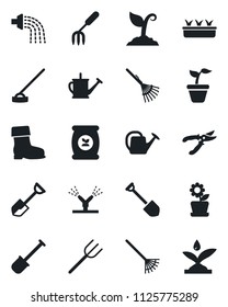 Set of vector isolated black icon - job vector, garden fork, shovel, farm, rake, seedling, watering can, sproute, pruner, boot, hoe, fertilizer, flower in pot, irrigation