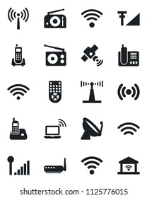Set of vector isolated black icon - antenna vector, satellite, wireless notebook, office phone, radio, remote control, cellular signal, router, garage gate