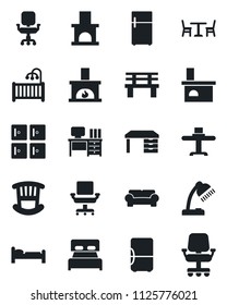 Set of vector isolated black icon - cafe vector, bed, checkroom, desk, bench, fireplace, office chair, lamp, bedroom, children room, cushioned furniture, restaurant table, fridge