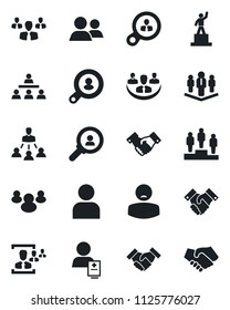 Set of vector isolated black icon - handshake vector, pedestal, patient, group, user, company, hr, hierarchy, client search, consumer