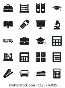 Set of vector isolated black icon - airport bus vector, checkroom, book, graduate, abacus, presentation board, microscope, calculator, case, pencil, stapler