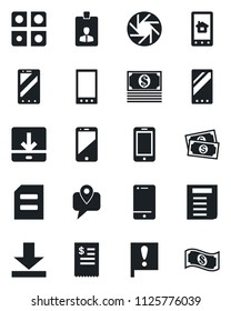 Set of vector isolated black icon - mobile phone vector, identity card, document, important flag, cash, tracking, cell, camera, download, application, restaurant receipt, home control app