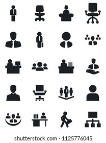 Set of vector isolated black icon - reception vector, manager, office chair, place, client, user, company, desk, estate agent, group, hierarchy