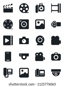 Set of vector isolated black icon - camera vector, clapboard, film frame, reel, video, phone back, mobile, gallery, web, intercome, surveillance