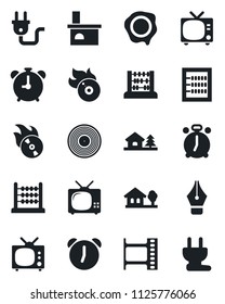 Set of vector isolated black icon - alarm clock vector, tv, abacus, stamp, fireplace, film frame, vinyl, flame disk, ink pen, house with tree, power plug