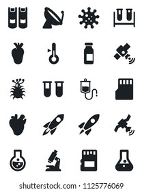 Set of vector isolated black icon - satellite antenna vector, book, blood test vial, dropper, microscope, ampoule, real heart, virus, sd, thermometer, rocket, flask
