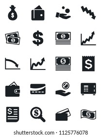 Set of vector isolated black icon - safe vector, dollar sign, crisis graph, cash, receipt, credit card, wallet, money bag, growth, search, investment