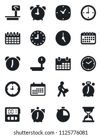Set of vector isolated black icon - alarm clock vector, calendar, heavy scales, stopwatch, manager, sand