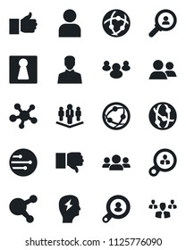 Set of vector isolated black icon - female vector, brainstorm, network, share, group, finger up, down, user, company, client search, consumer