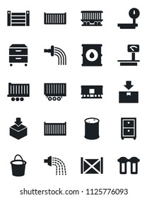 Set of vector isolated black icon - bucket vector, watering, railroad, truck trailer, cargo container, package, oil barrel, heavy scales, archive box, water filter